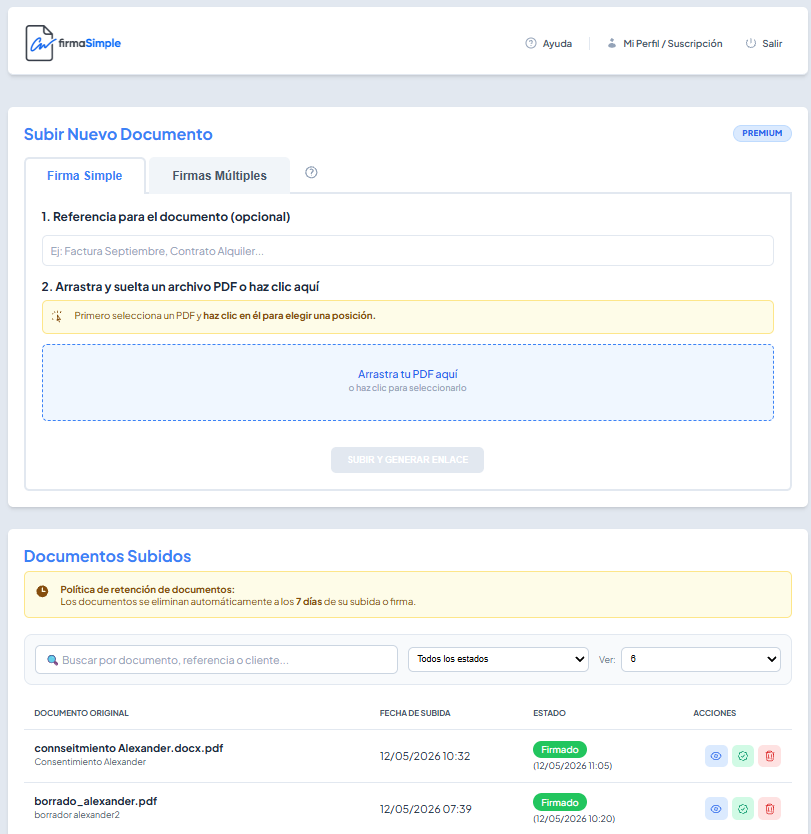 Panel de control de firmaSimple