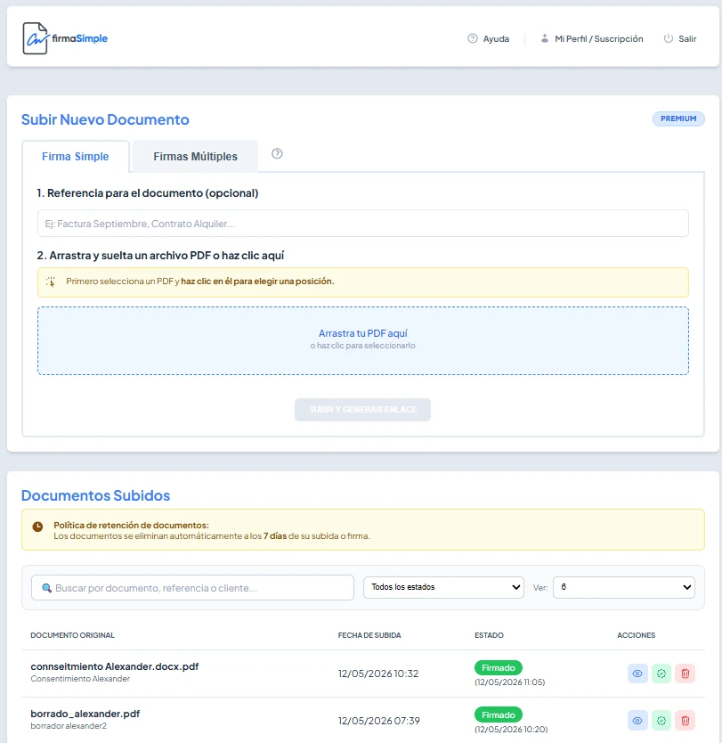 Panel de control de firmaSimple